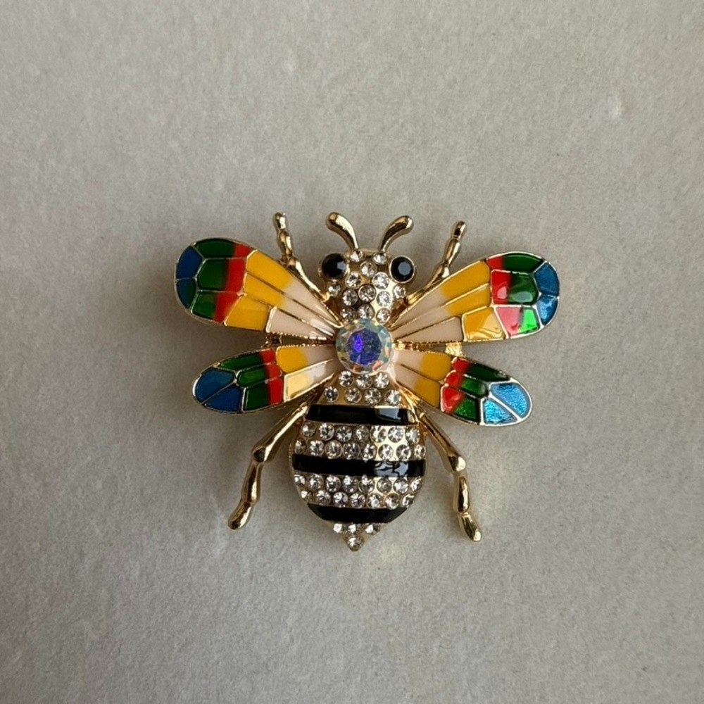 Bee Brooch Multicolor Enamel Clear Rhinestone Gold Tone Statement Insect Pin